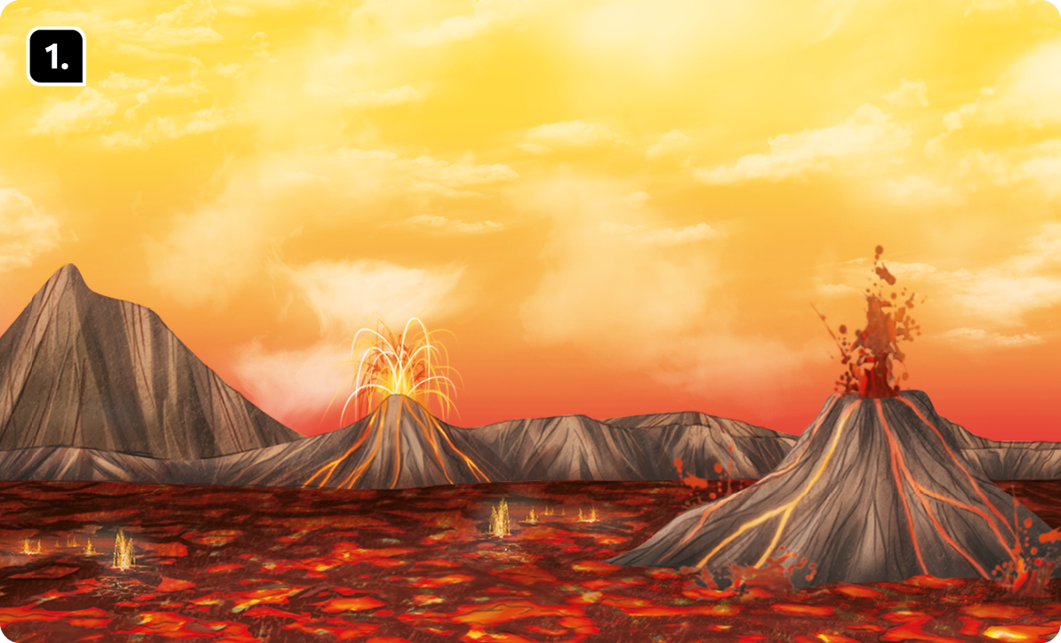 Ilustração 1. Uma cadeia de vulcões com dois deles em erupção. Ambos jorram lava que também está ocupando todo o solo. Ao fundo, montanhas e o céu alaranjado.