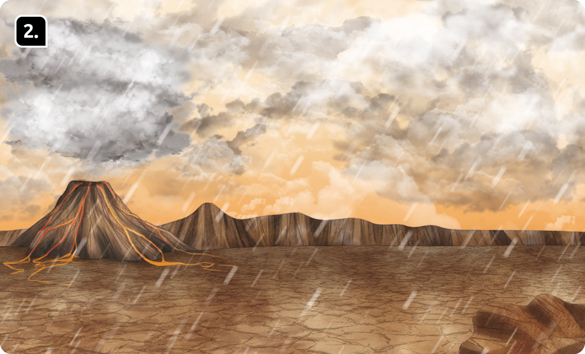 Ilustração 2. Um vulcão com lava escorrendo por sua encosta. Há muita fumaça saindo dele e espalhada pelo céu. O solo está seco e ao fundo há mais montanhas.
