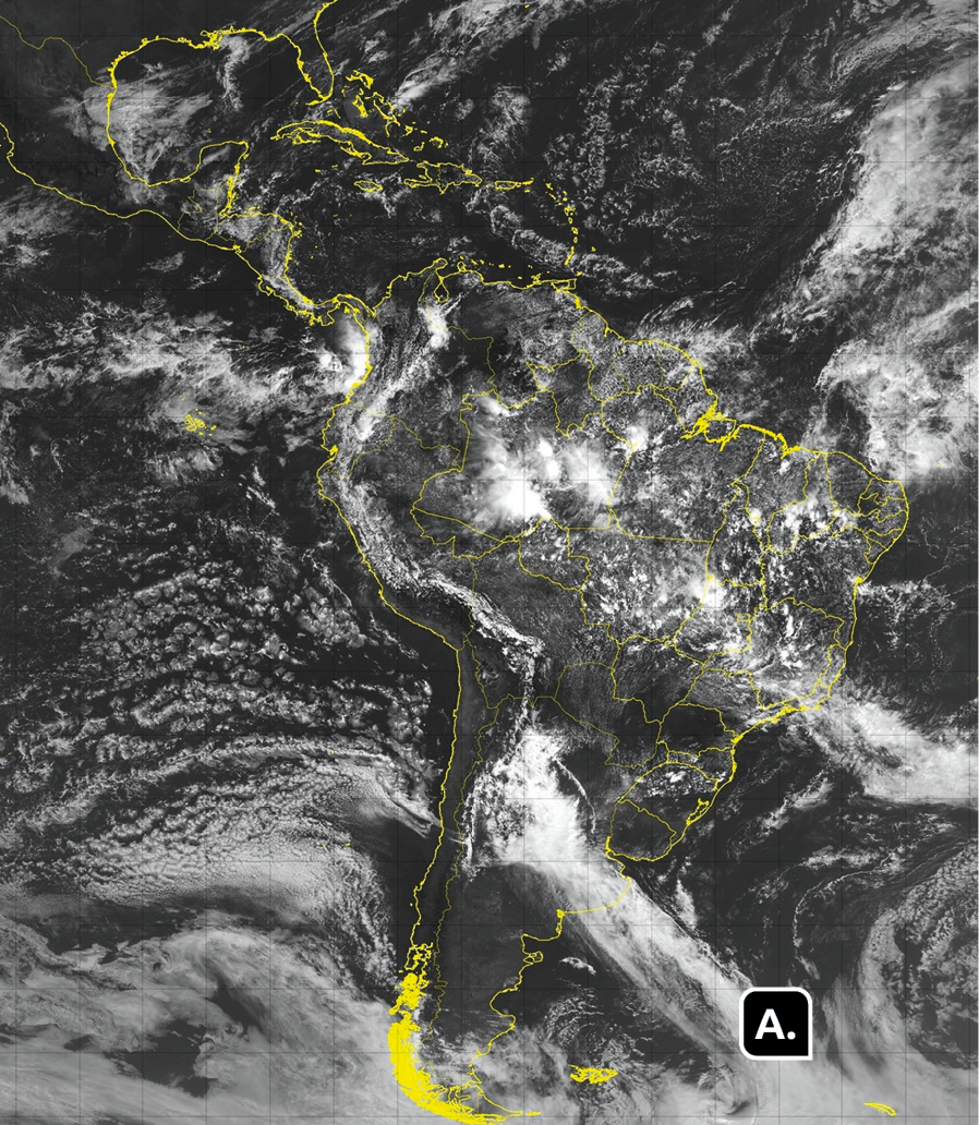 Fotografia. Imagem de satélite em preto e branco. Destaque para a América do Sul com nuvens na região sul e região central, indicado pela letra A.