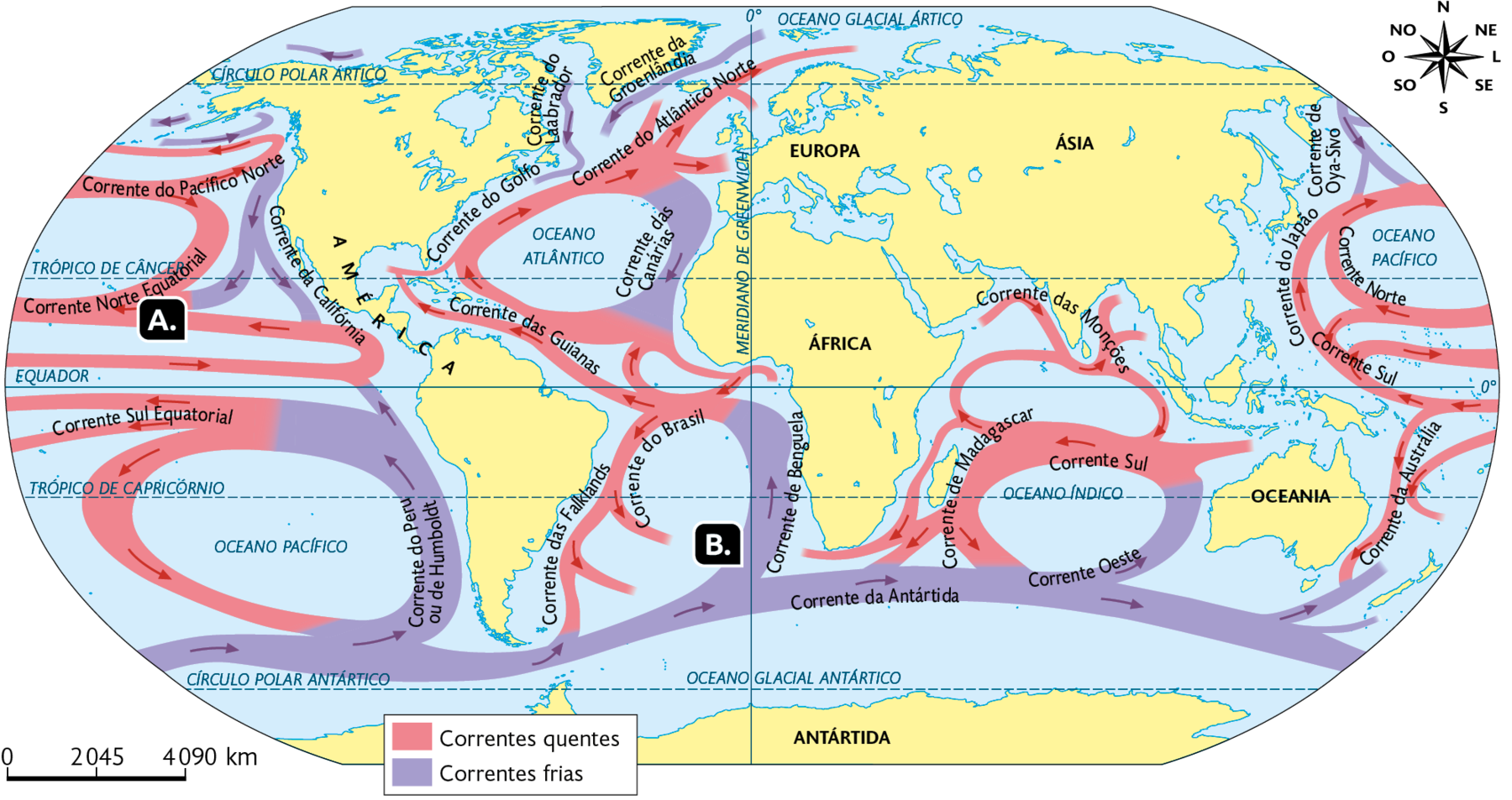 Mapa-múndi. Correntes marítimas. 
Correntes quentes: No Oceano Pacífico, na costa oeste da América, Corrente do Pacífico Norte; Corrente Norte Equatorial, indicado com a letra A; Corrente Sul Equatorial; No Oceano Atlântico, Corrente do Atlântico Norte; Corrente das Guianas; Corrente do Brasil; No Oceano Índico, Corrente de Madagascar; Corrente Sul; Corrente das Monções. No Oceano Pacífico na costa leste da Ásia e Oceania, Corrente do Japão; Corrente Norte; Corrente Sul; Corrente da Austrália. 
Correntes frias: No Oceano Pacífico, na costa oeste da América, Corrente da Califórnia; Corrente do Peru ou de Humboldt; No Oceano Atlântico, Corrente das Canárias; Corrente do Laabrador; Corrente da Groenlândia; Corrente de Benguela, indicado com a letra B; No Oceano Glacial Antártico, Corrente da Antártida; No Oceano Índico, Corrente Oeste; No Oceano Pacífico na costa leste da Ásia e Oceania, Corrente de Oya-Sivo. No canto superior direito, rosa dos ventos e no canto inferior esquerdo, a escala: 2045 quilômetros por centímetro.