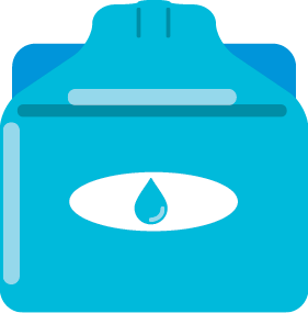 Ilustração. Uma caixa d’água azul com o desenho de uma gota.