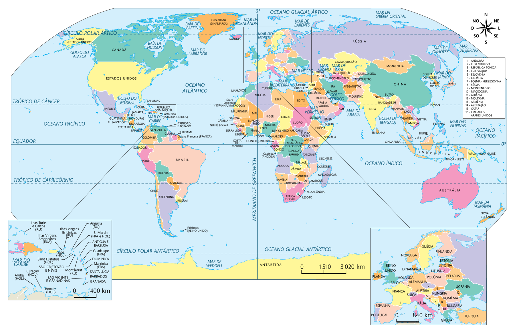 Planisfério político. América do Norte: Groenlândia (DINAMARCA), Alasca (ESTADOS UNIDOS), Canadá, Estados Unidos e México. América Central: Belize, Guatemala, El Salvador, Honduras, Nicarágua, Costa Rica, Panamá, Cuba, Jamaica, Bahamas, Haiti, República Dominicana, Porto Rico (ESTADOS UNIDOS), Trinidad e Tobago, Ilhas Turks e Caicos (REINO UNIDO), Ilhas Virgens Americanas (ESTADOS UNIDOS), Ilhas Virgens Britânicas (REINO UNIDO), Anguilla (REINO UNIDO), S. Martin (FRANÇA e HOLANDA), Antígua e Barbuda, Guadalupe (FRANÇA), Dominica, Martinica (FRANÇA), Santa Lúcia, Barbados, Granada, Montserrat (REINO UNIDO), São Cristóvão e Névis, Saint Eustatius (HOLANDA), Saba (HOLANDA), São Vicente e Granadinas, Bonaire (HOLANDA), Curaçao (HOLANDA) e Aruba (HOLANDA). América do Sul: Venezuela, Colômbia, Guiana, Suriname, Guiana Francesa (FRANÇA), Equador, Peru, Bolívia, Chile, Paraguai, Argentina, Uruguai, Brasil e Falklands (REINO UNIDO). Europa: Islândia, Suécia, Noruega, Finlândia, Reino Unido, Irlanda, Holanda, Bélgica, França, Espanha, Portugal, Suíça, Itália, Áustria, Alemanha, Dinamarca, Polônia, Rússia, Lituânia, Letônia, Estônia, Belarus, Ucrânia, Romênia, Bulgária, Grécia, Turquia, Andorra, Luxemburgo, República Tcheca, Eslováquia, Eslovênia, Croácia, Bósnia-Herzegóvina, Sérvia, Montenegro, Macedônia, Albânia, Moldávia, Geórgia, Azerbaijão, Armênia e Chipre. África: Marrocos, Saara Ocidental (ESPANHA/MARROCOS), Mauritânia, Senegal, Gâmbia, Guiné Bissau, Guiné, Serra Leoa, Libéria, Costa do Marfim, Gana, Togo, Guiné Equatorial, Benin, Nigéria, Camarões, Gabão, Congo, Cabinda (ANGOLA), Angola, Namíbia, África do Sul, Lesoto, Suazliândia, Botsuana, Moçambique, Zimbábue, Zâmbia, Malauí, Madagascar, Comores, Seicheles, Tanzânia, Burindi, Ruanda, República. Democrática do Congo, Quênia, Uganda, Sudão do Sul, República. Centro-Africana, Somália, Etiópia, Djibuti, Eritreia, Sudão, Chade, Níger, Burkina Faso, Mali, Argélia, Tunísia, Líbia e Egito. Ásia: Líbano, Israel, Síria, Iraque, Jordânia, Barein, Arábia Saudita, Iêmen, Omã, Kwait, Irã, Catar, Emirados Árabes Unidos, Afeganistão, Paquistão, Turcomenistão, Uzbequistão, Cazaquistão, Quirquistão, Tadjiquistão, Afeganistão, Paquistão, Índia, Sri Lanka, Bangladesh, Nepal, Butão, China, Mongólia, Mianmar, Laos, Tailândia, Camboja, Vietnã, Coreia do Norte, Coreia do Sul, Japão, Taiwan, Filipinas, Brunei, Malásia, Cingapura, Indonésia e Timor-Leste. Oceania: Austrália, Nova Zelândia e Papua Nova Guiné. No canto superior direito, a rosa dos ventos e na parte inferior, a escala: 1510 quilômetros por centímetro.