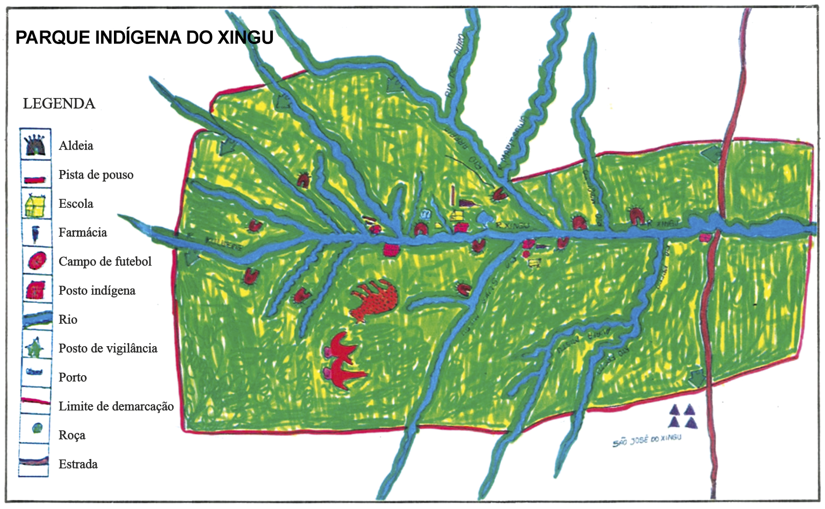Desenho do Parque Indígena do Xingu. Área delimitada retratando vegetação e rios, com indicações de ícones. Estão representados diversos elementos como várias aldeias (em formato de oca), pista de pouso (retângulo vermelho), escola (casa amarela), farmácia (símbolo vertical azul), campo de futebol (bola), posto indígena (casa vermelha), rio (linha azul), posto de vigilância (casa verde), porto (símbolo horizontal azul), limite de demarcação (linha vermelha), roça (círculo verde) e estrada (linha marrom). À esquerda, uma legenda representando os símbolos utilizados.