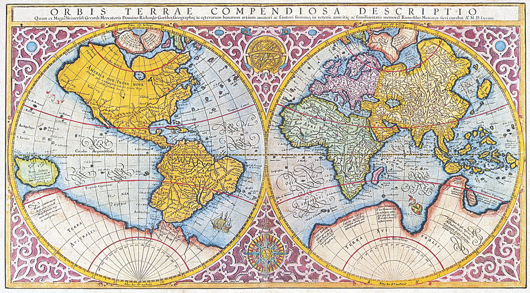 Mapa. Planisfério histórico mostrando os continentes nas posições atuais com a região da América, Antártica e Oceania com distorções.