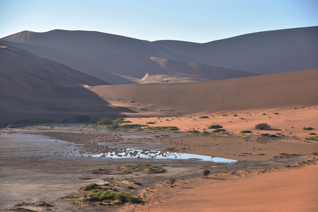 Fotografia. Deserto com dunas de areia e rastro de um rio raso.