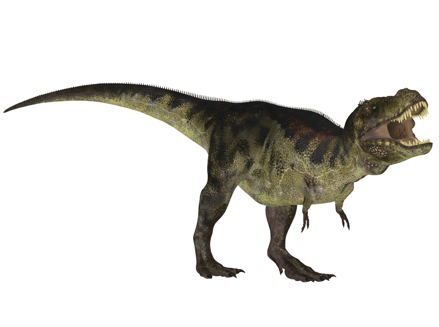 Ilustração. Um dinossauro apoiados nas patas traseiras e com as dianteiras curtas. Ele está inclinado com a boca aberta, mostrando as presas.