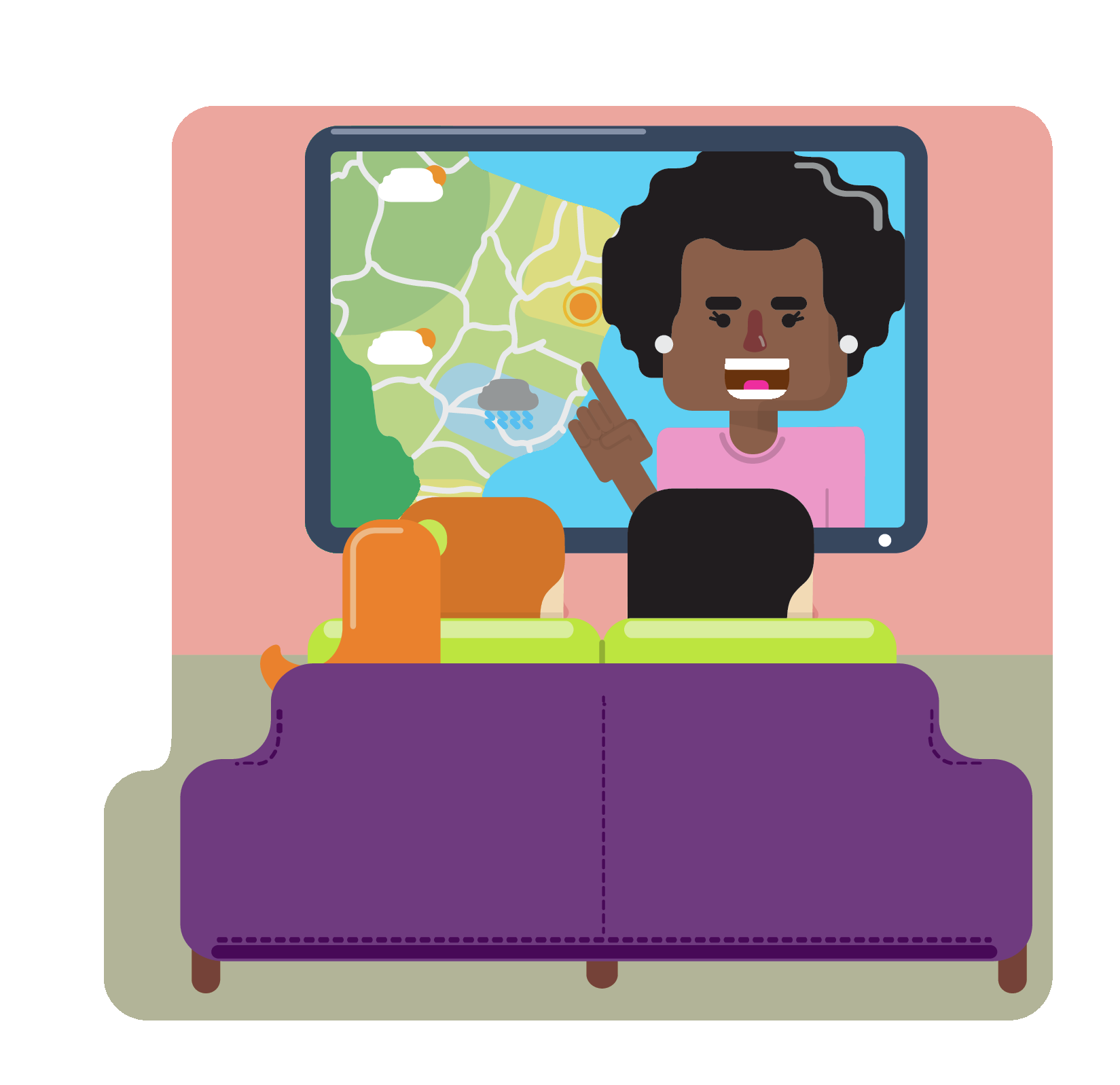 Ilustração. Duas pessoas sentadas em frente a uma televisão onde uma mulher está ao lado de um mapa com as previsões do tempo.