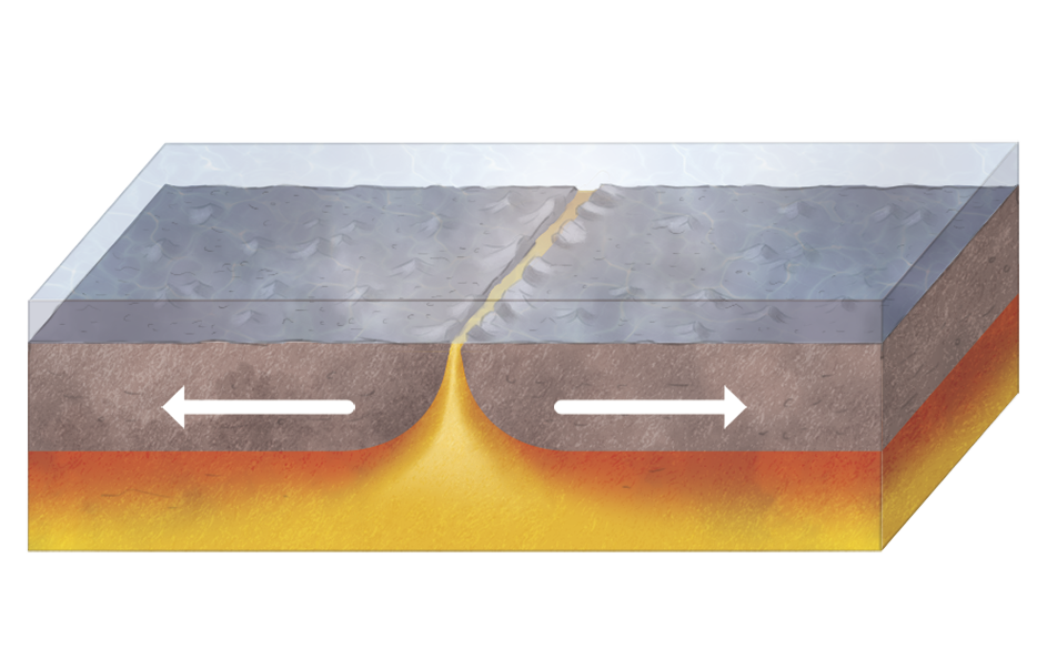 Ilustração. Dois blocos de terra com setas indicando um movimento de separação. Há um corte em toda a extensão com lava passando por ela. Há mais lava abaixo.