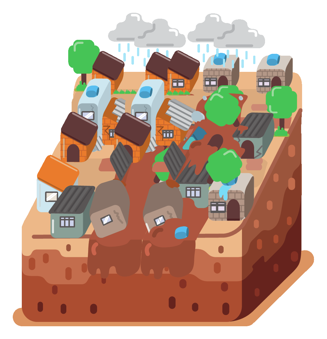 Ilustração D. Morro com casas e um deslizamento com destroços. Há chuva caindo sobre o morro.