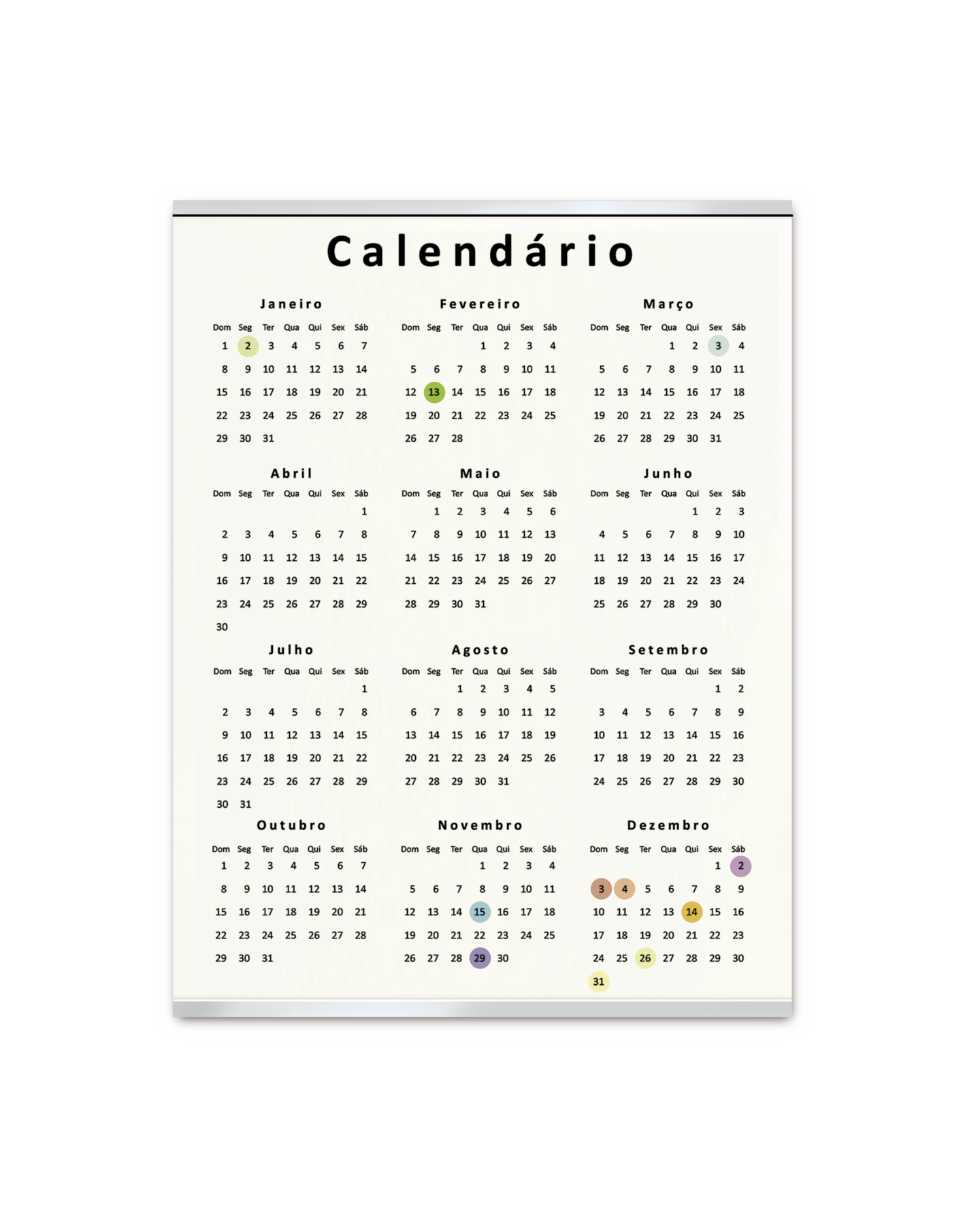 Ilustração. Página de um calendário com os meses dispostos em três colunas e quatro linhas. Há algumas datas destacadas.