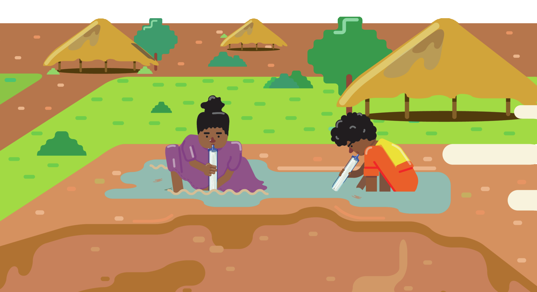Ilustração. Uma mulher e um garotinho abaixados em um lago. Eles seguram estruturas cilíndricas em suas bocas. Ao fundo, habitações e árvores entre vegetação rasteira.