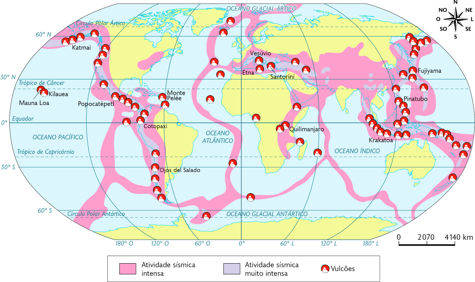 Mapa-múndi. Vulcões e terremotos (2019). 
Atividade sísmica intensa: linha sinuosa na vertical na região central, sul da Europa e grande porção no sul da Ásia e norte da Oceania; faixas estreitas no Oceano Índico e no Oceano Glacial Antártico e em toda a costa oeste da América, com Vulcões e Atividade sísmica muito intensa na faixa costeira. 
Atividade sísmica muito intensa também ocorre no sul da Europa e sudoeste, áreas no sul e faixa leste da Ásia e norte da Oceania. Há vulcões em todas as áreas de atividade sísmica em maior quantidade no leste da Ásia e norte da Ásia. No canto superior direito, rosa dos ventos e na parte inferior, a escala: 2070 quilômetros por centímetro.