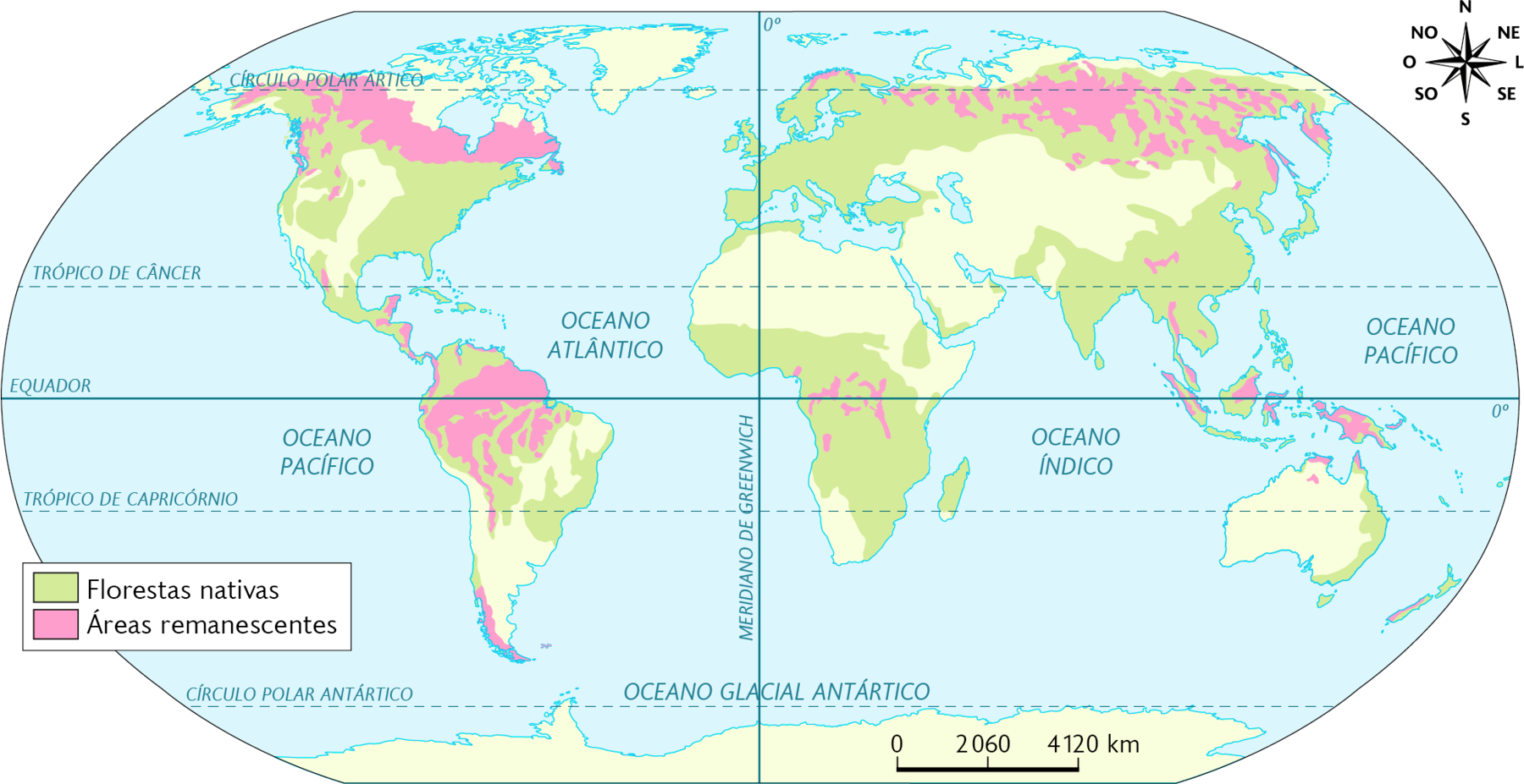 Mapa-múndi. Distribuição original e atual das florestas nativas no mundo (2019). 
Distribuição original de florestas nativas: costa leste e oeste da América do Norte; norte e centro da América Central; norte, centro e costa leste da América do Sul; toda a Europa, norte e sudeste da Ásia e região costeira de suas ilhas, e leste da Austrália; Centro-sul da África. 
Áreas remanescentes de florestas nativas: norte da América do Norte; áreas dispersas na América Central, norte da América do Sul; pequenas áreas no centro da África, norte e pequenas áreas no sudeste da Ásia e áreas dispersas em suas ilhas. No canto superior direito, rosa dos ventos e na parte inferior, a escala: 2060 quilômetros por centímetro.