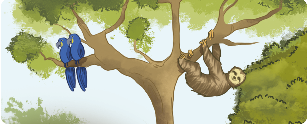 Ilustração 1. Destaque para o tronco de uma árvore com duas araras azuis e um bicho-preguiça.