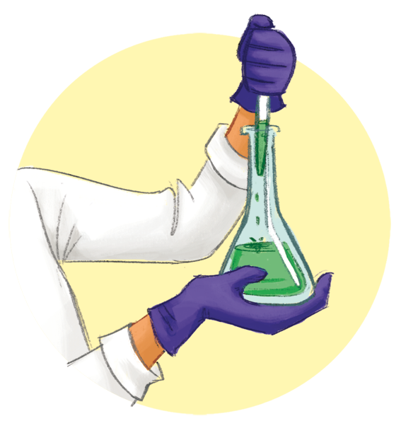 Ilustração 2. Uma pessoa segurando um instrumento de medição de líquidos com conteúdo verde sobre um frasco cônico. Ela usa jaleco e luvas.