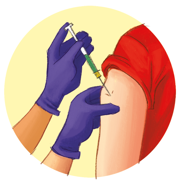 Ilustração. Destaque para uma pessoa aplicando uma injeção no braço de uma pessoa. Ela segura uma seringa com luvas.