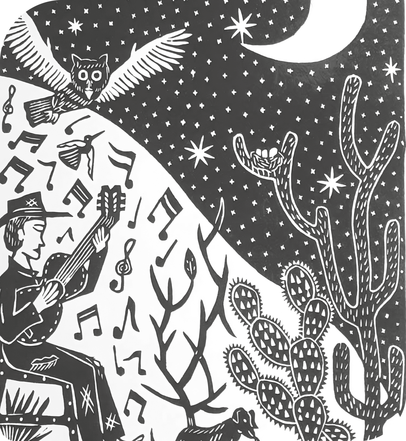 Xilogravura. À esquerda, um homem sentado em um banco, tocando violão, ao redor dele há notas musicais e pássaros. À direita, um grande cacto e céu com estrelas e a lua. Em frente ao homem há um cachorro.