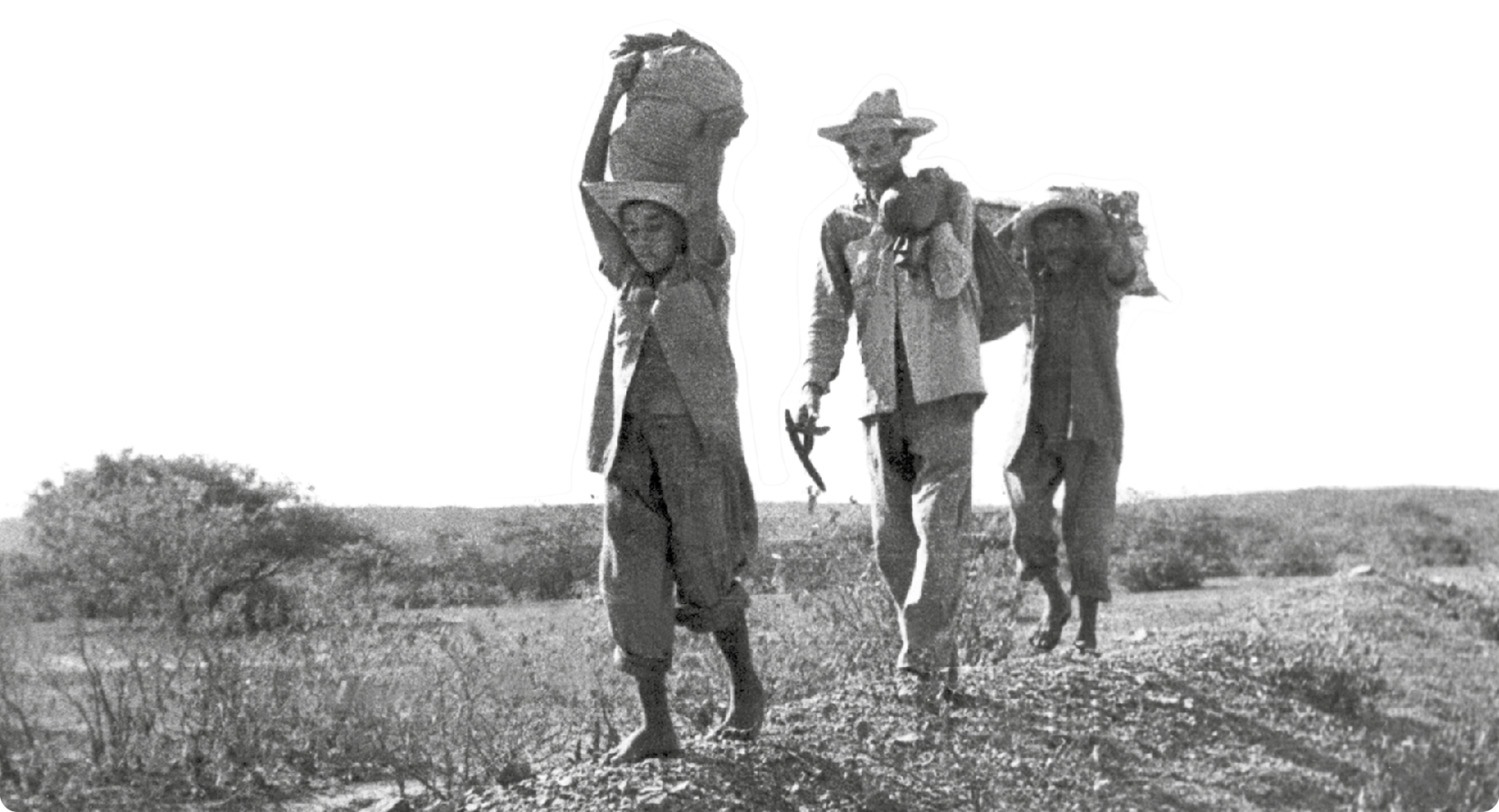 Fotografia em preto e branco. Três pessoas caminhando em linha. Eles carregam fardos sobre as cabeças e ombros. Ao redor há arbustos secos.