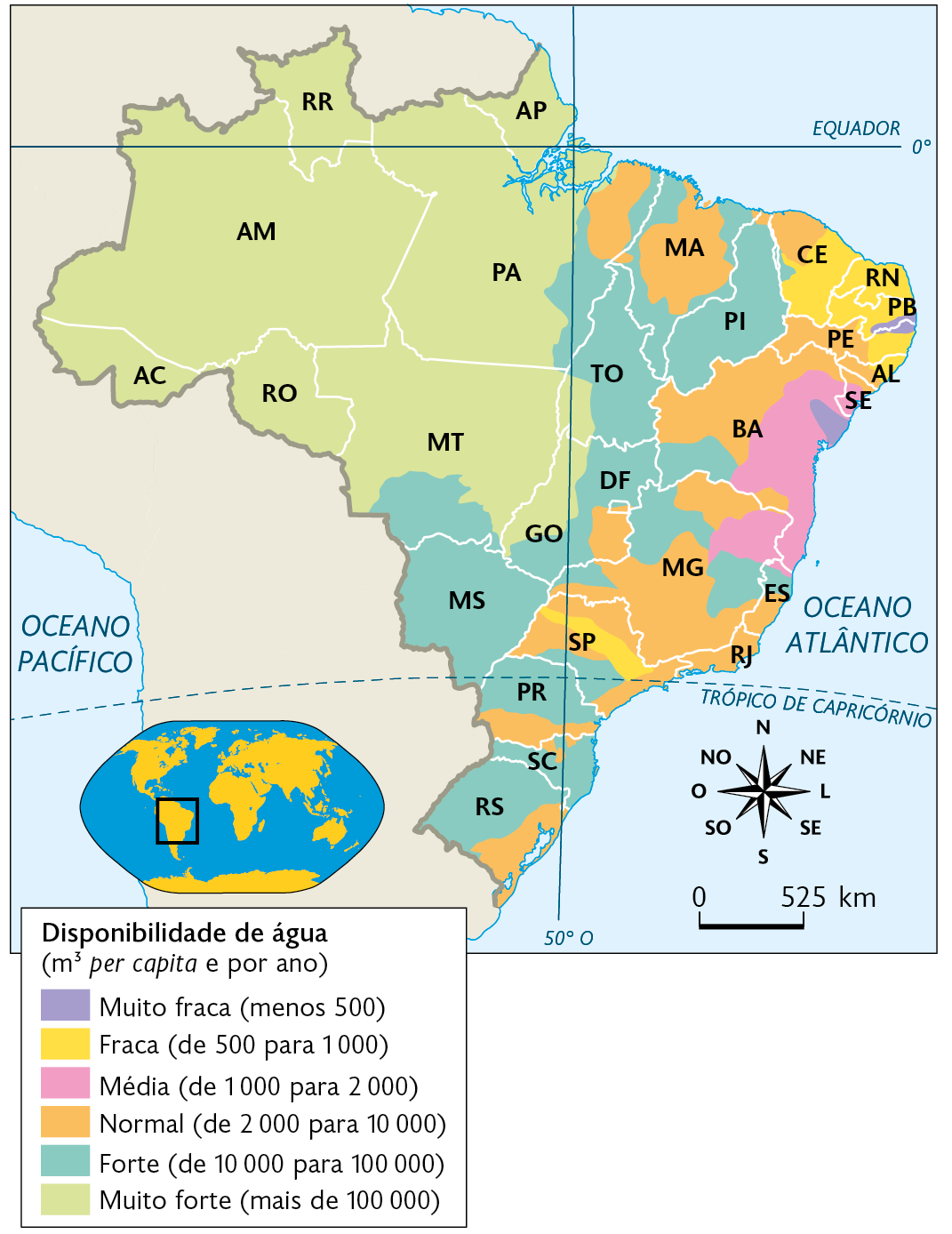 Mapa. Disponibilidade de água no Brasil (2009). 
Disponibilidade de água (metros cúbicos per capita e por ano). 
Muito fraca (menos 500): nordeste da Bahia, sudeste da Paraíba e nordeste de Pernambuco. 
Fraca (de 500 para 1000): centro-sul do Ceará, Rio Grande do Norte, Paraíba, leste de Pernambuco, nordeste de Alagoas e faixa no centro de São Paulo. 
Média (de 1000 para 2000): leste da Bahia e nordeste de Minas Gerias. 
Normal (de 2000 para 10000): nordeste do Pará, centro-norte do Maranhão, noroeste do Ceará, leste de Alagoas, norte de Sergipe, centro-oeste de Pernambuco, oeste e sul da Bahia, norte e centro-sul de Minas Gerais, leste de Goiás, norte, oeste e leste de São Paulo, centro-sul do Espírito Santo, Rio de Janeiro, sul do Paraná, área no norte de Santa Catarina, leste e sudeste do Rio Grande do Sul. 
Forte (de 10000 para 100000): leste do Pará, noroeste, nordeste e sul do Maranhão, Piauí, Tocantins, leste de Goiás, sul do Mato Grosso, Mato Grosso do Sul, sudoeste da Bahia, norte, leste e sudoeste de Minas Gerias, norte do Espírito Santo, sul de São Paulo, Paraná, Santa Catarina e Rio Grande do Sul. 
Muito forte (mais de 100000): oeste de Goiás, sudoeste de Tocantins, Mato Grosso, Pará, Amapá, Roraima, Amazonas, Acre e Rondônia. No canto inferior esquerdo, mapa de localização, planisfério destacando a região descrita. No canto inferior direito, rosa dos ventos e a escala: 525 quilômetros por centímetro.
