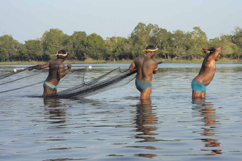 Fotografia A. Homens indígenas caminhando em um rio, puxando uma rede. Eles usam cocares. Ao fundo existem árvores.