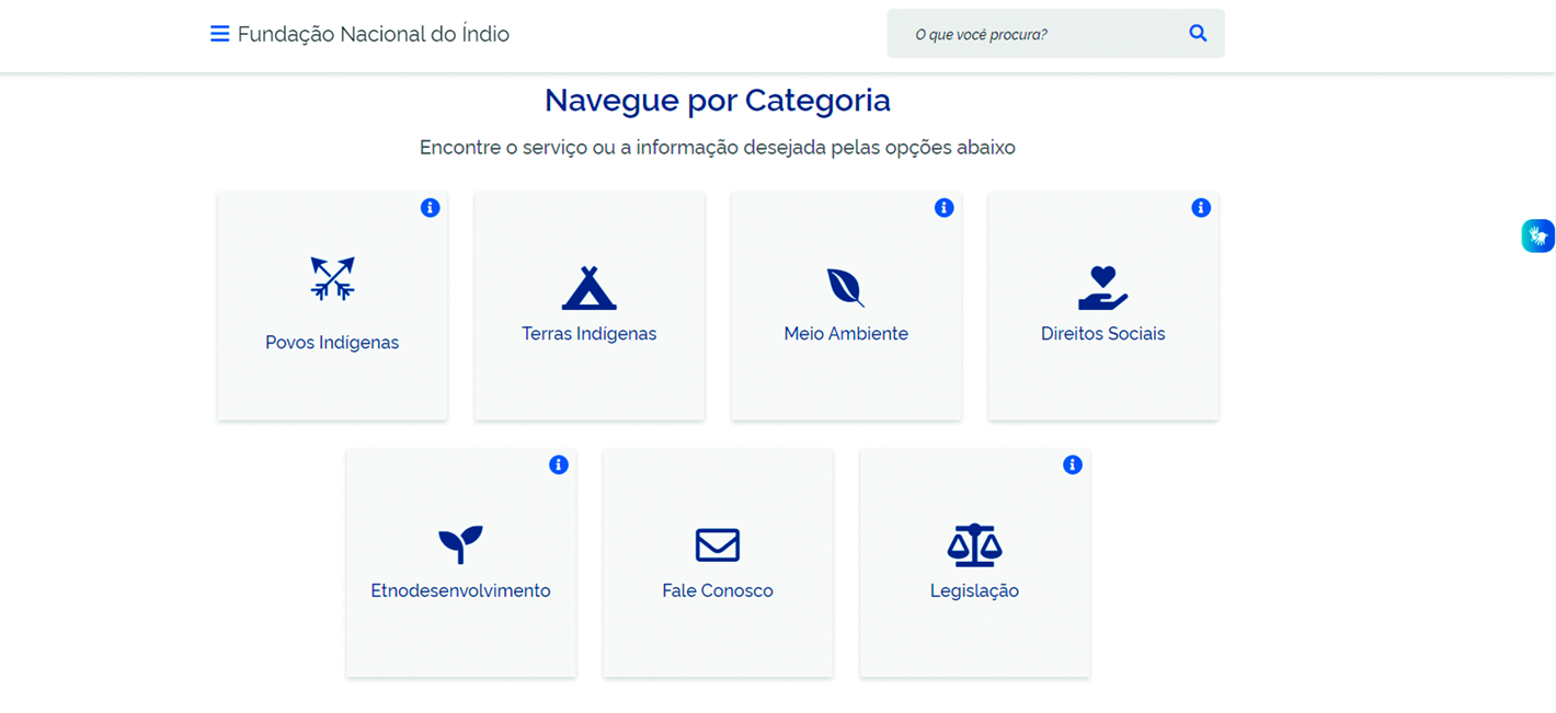 Página de um site com a frase: Navegue por Categoria, seguido por ícones.