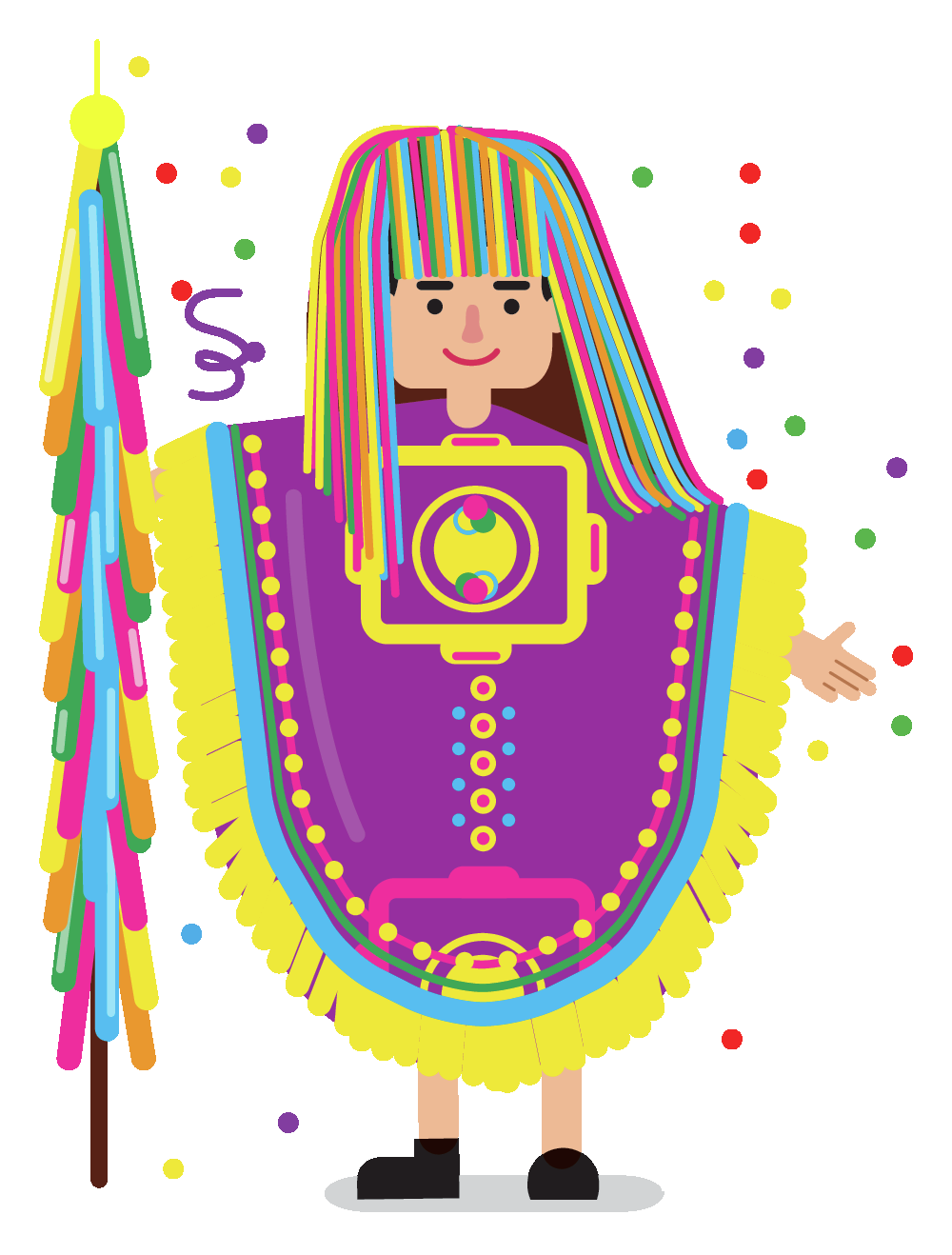 Ilustração. Homem com peruca colorida usando uma espécie de poncho roxo com detalhes coloridos e segurando uma mastro também com fitas coloridas.