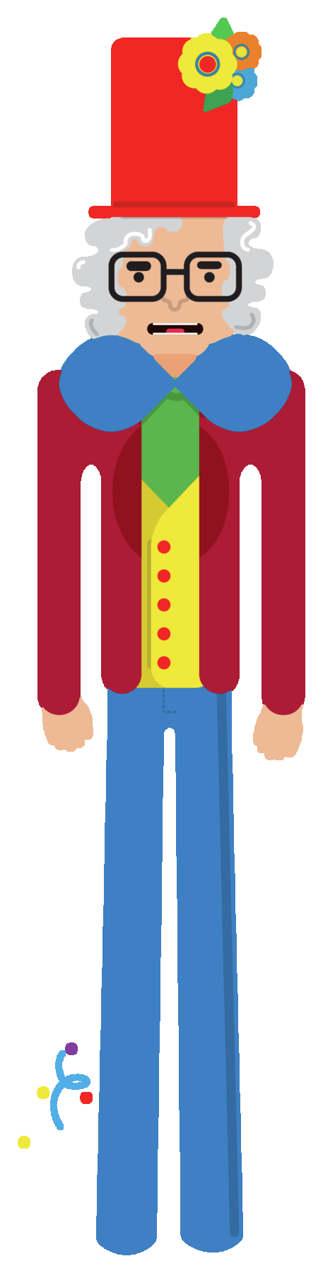 Ilustração. Boneco gigante de homem de cabelos grisalhos, usando cartola vermelha com flores, gravata borboleta azul, camisa verde, colete amarelo, paletó vermelho e calça azul. Há serpentinas próximo a ele.