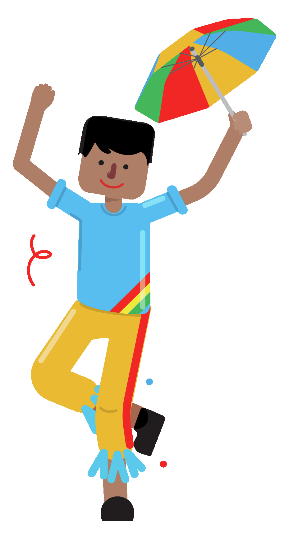 Ilustração. Homem de camisa azul, calça laranja dançando entre serpentinas. Ele segura um guarda-chuva colorido.