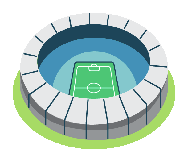 Ilustração. Um estádio de futebol com arquibancada em formato circular ao redor do campo.