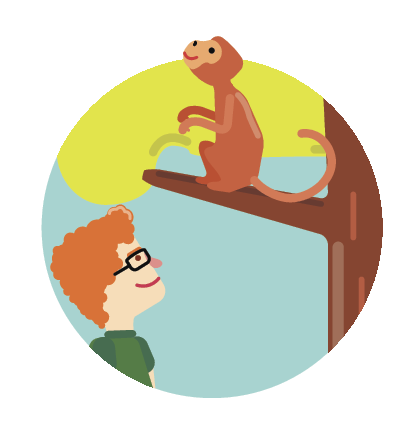 Ilustração 3. Destaque para um homem ruivo de óculos observando um macaco no galho de uma árvore.