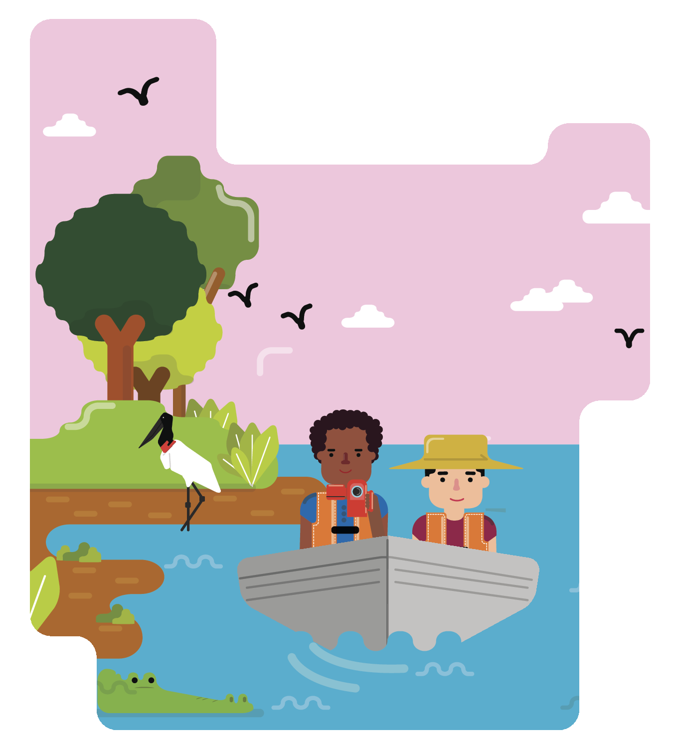 Ilustração. Dois homens navegando em um barco. Na margem há uma ave, arbustos e árvores. Há pássaros voando no céu.