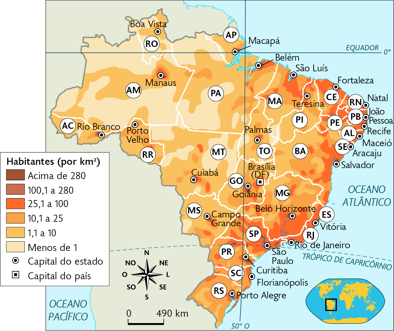 Mapa. Densidade demográfica do Brasil (2019). Habitantes (por quilômetros quadrados). Acima de 280: áreas das cidades de São Paulo, Belo Horizonte, Rio de Janeiro, Salvador e Curitiba. 100,1 a 280: predominante em áreas próximas às capitais no Sudeste, Sul, Nordeste e Norte. 25,1 a 100: predominante em áreas das Regiões no Sudeste, Nordeste, Sul e em menores quantidades no Centro-oeste e próximas de Manaus. 10,1 a 25: predominante em áreas das Regiões Sudeste, Sul, Nordeste, Centro-oeste. 1,1 a 10: predominante em áreas no Sudeste, Sul, Nordeste e Centro-oeste. Menos de 1: predominante em áreas da Região Norte e Centro-oeste. No canto inferior direito, mapa de localização, planisfério destacando a região descrita. No canto inferior esquerdo, a rosa dos ventos e a escala: 490 quilômetros por centímetro.