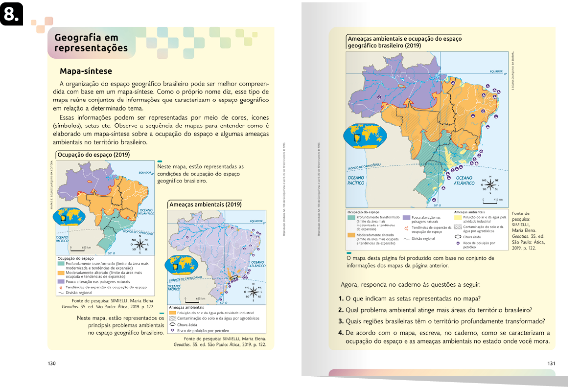 Página de referência 8 da seção Geografia em representações com mapa, texto e questões.
