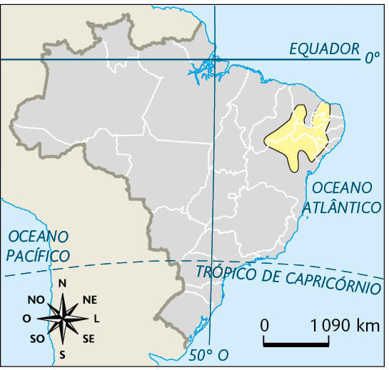 Mapa. Localização do clima semiárido: leste do Piauí, norte da Bahia, sudoeste do Ceará, oeste do Rio Grande do Norte, Paraíba, Pernambuco, Alagoas e Sergipe. No canto inferior esquerdo, a rosa dos ventos e no canto direito, a escala: 1090 quilômetros por centímetro.