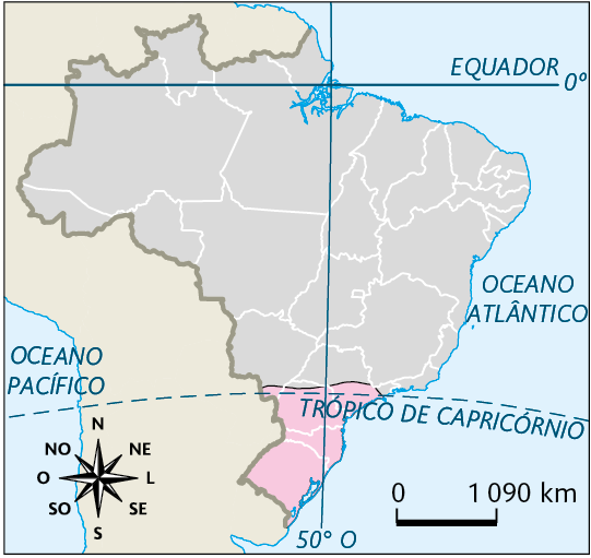 Mapa. Localização do clima subtropical: sul do Mato Grosso do Sul e de São Paulo, Paraná, Santa Catarina e Rio Grande do Sul. No canto inferior esquerdo, a rosa dos ventos e no canto direito, a escala: 1090 quilômetros por centímetro.