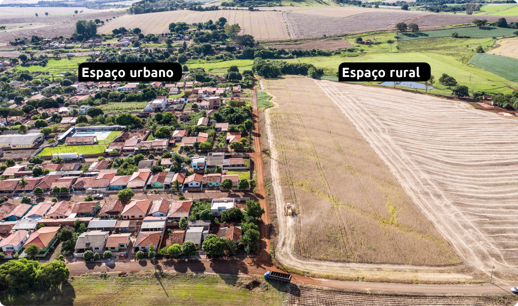 Fotografia. Vista aérea. À esquerda, Espaço Urbano, com diversas casas entre vias e árvores. À direita, Espaço rural com uma vasta área de plantio.
