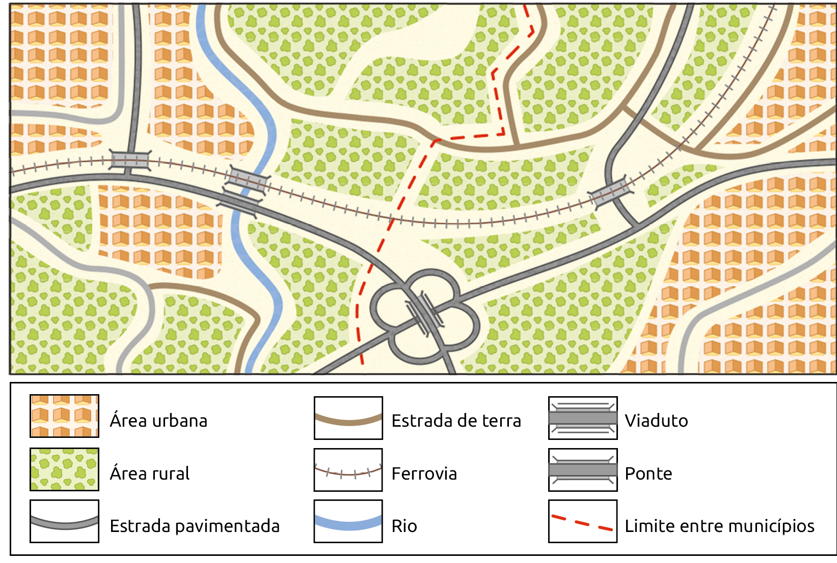 Planta de uma cidade com área urbanas no noroeste e leste. Área rural na porção central e sudoeste. Estrada pavimentada no sul, leste e oeste. Estrada de terra na porção norte. Ferrovia ao centro. Rio na área oeste. Viaduto e pontes entre as estradas pavimentadas e ferrovia. Limite entre município na área central na vertical.