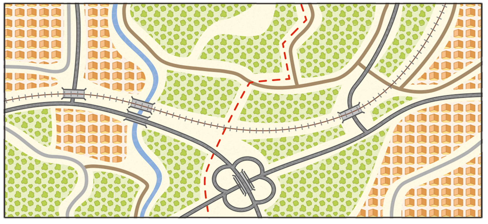 Planta de uma cidade com área urbanas no noroeste e leste. 
Área rural na porção central e sudoeste. Estrada pavimentada no sul, leste e oeste. Estrada de terra na porção norte. Ferrovia ao centro. Rio na área oeste. Viaduto e pontes entre as estradas pavimentadas e ferrovia. Limite entre município na área central na vertical.