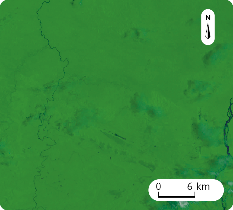 Fotografia. Vista aérea. Área coberta por vegetação. No canto superior direito, seta apontando para o norte e na parte inferior, a escala: 6 quilômetros por centímetro.