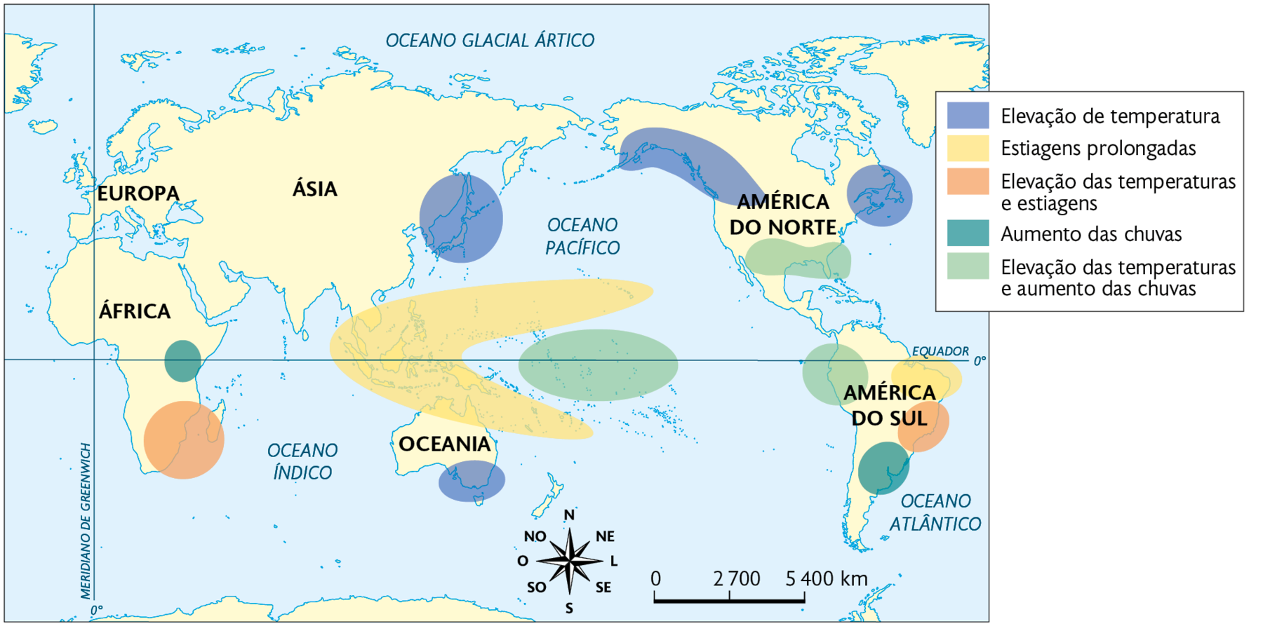 Mapa. Efeitos do El Niño no mundo (dezembro, janeiro e fevereiro). Elevação de temperatura: leste da Ásia, sudeste da Oceania, noroeste e leste da América do Norte. Estiagens prolongadas: área no Oceano Pacífico, sobre as ilhas da Ásia, norte da Oceania e nordeste da América do Sul. Elevação das temperaturas e estiagens: sudeste da África e leste da América do Sul. Aumento das chuvas: leste da África e sudeste da América do Sul. Elevação das temperaturas e aumento das chuvas: grande área no sul do Oceano Pacífico, sul da América do Norte, noroeste da América do Sul. Na parte inferior, rosa dos ventos e a escala: 2700 quilômetros por centímetro.