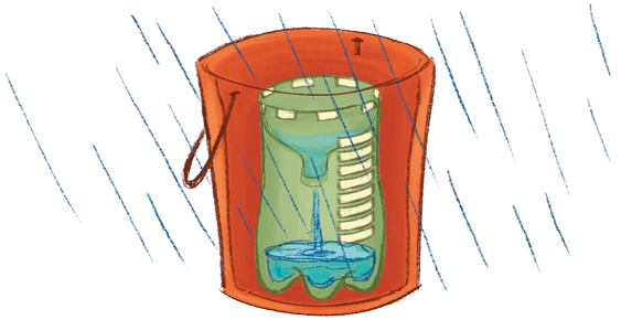 Ilustração. A garrafa com as fitas posicionada no interior de um balde. Há chuva caindo sobre ele e água sendo coletada pela garrafa.