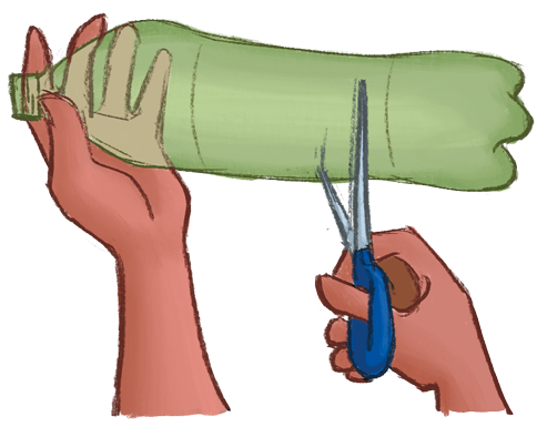 Ilustração. Destaque para uma pessoa segurando uma garrafa PET e recortando a parte inferior com uma tesoura.