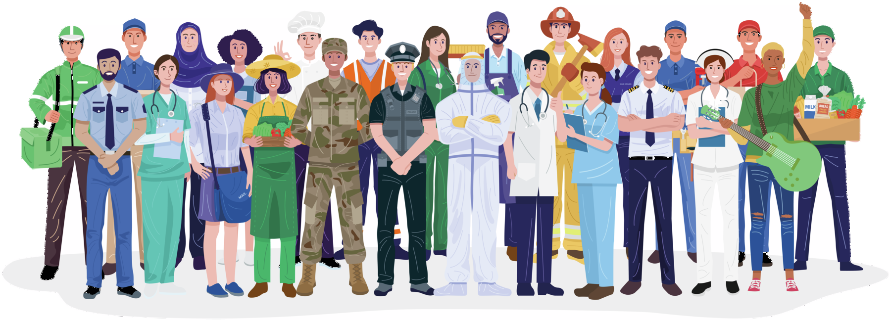 Ilustração. Homens e mulheres reunidos. Eles usam uniformes ou roupas características de profissões como: carteiro, médicos, soldado, policial, agricultor, bombeiro, musico, cozinheiro, entregador, professora, enfermeira, entre outros.
