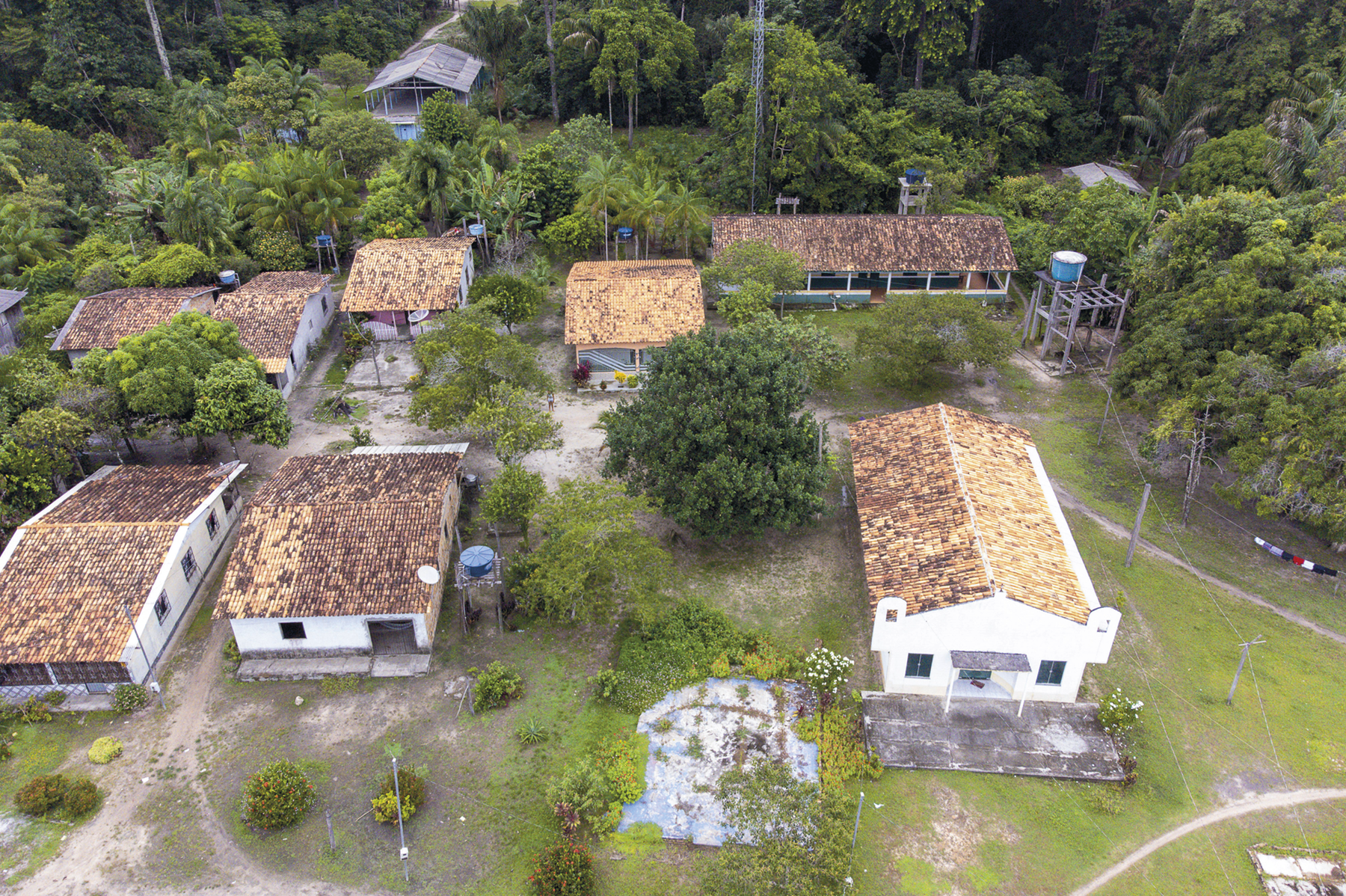 Fotografia. Vista aérea. Casas com telhados em uma região de terra, com vegetação rasteira e muitas árvores ao redor.
