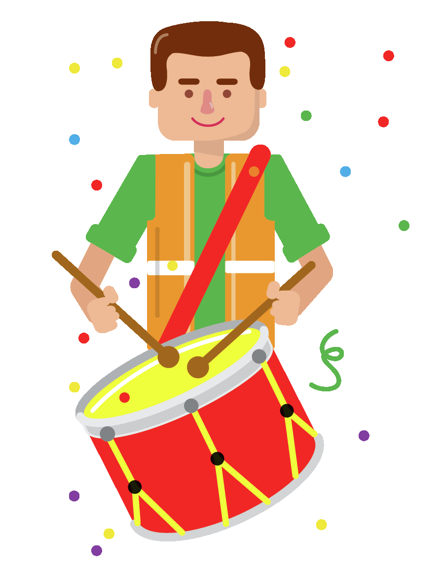 Ilustração. Homem de camisa e colete tocando um tambor. Ele sorri e segura duas baquetas com as mãos.
