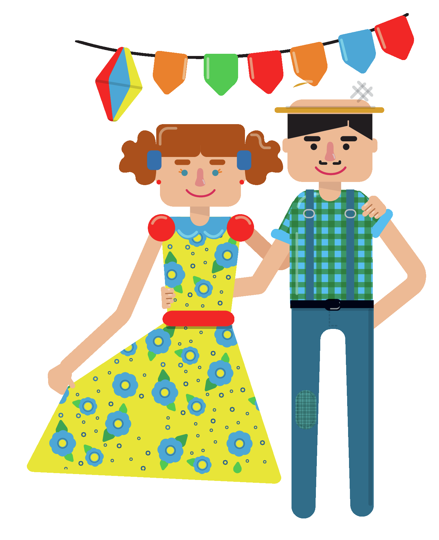 Ilustração. Um homem e uma mulher de braços dados sorrindo. Ela usa vestido florido e ele usa chapéu, camisa xadrez e calça jeans. Acima deles há bandeirinha coloridas e um balão.