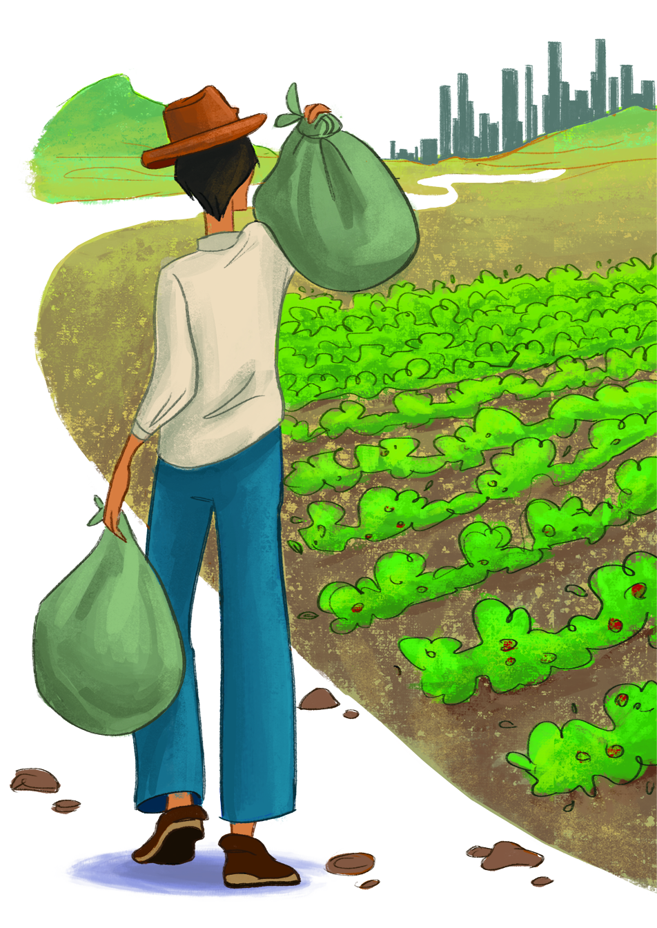 Ilustração. Um homem de chapéu, usando uma camisa, calça e botas, caminhando ao lado de uma plantação de hortaliças. Ele está carregando sacos. Ao fundo há edifícios.