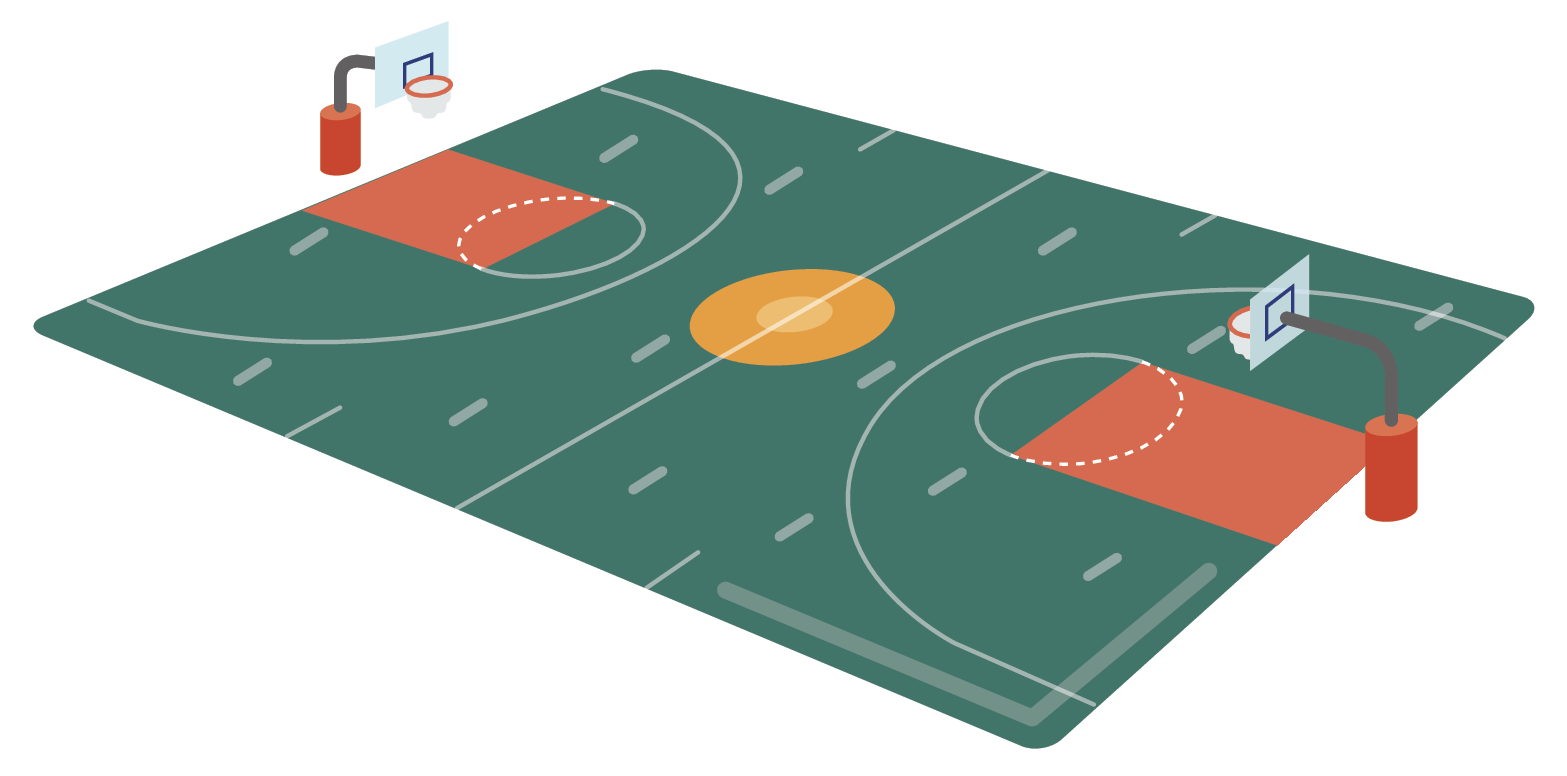 Ilustração. Quadra de basquete com uma tabela em cada ponta.