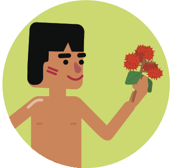 Ilustração 1. Homem indígena sem camisa com traços vermelhos no rosto, segurando um ramo de frutos vermelhas.