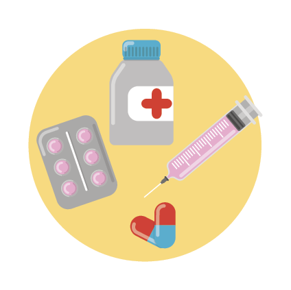 Ilustração 6. Uma cartela de compridos, uma seringa, duas capsulas e um frasco de remédios.